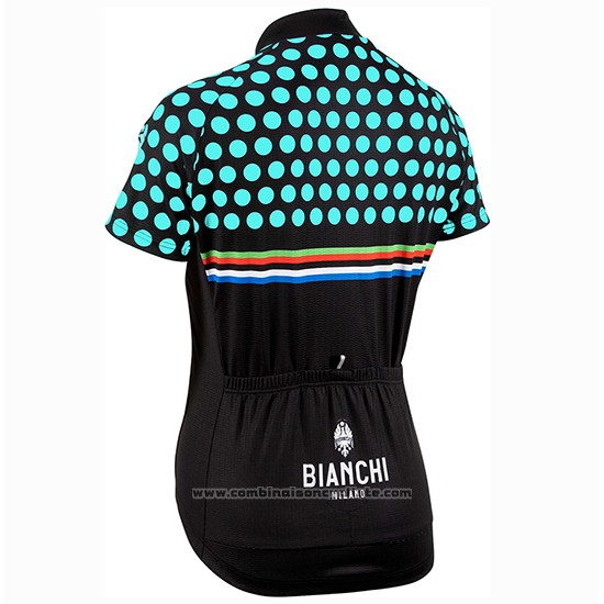2019 Maillot Cyclisme Femme Bianchi Dot Noir Vert Manches Courtes et Cuissard