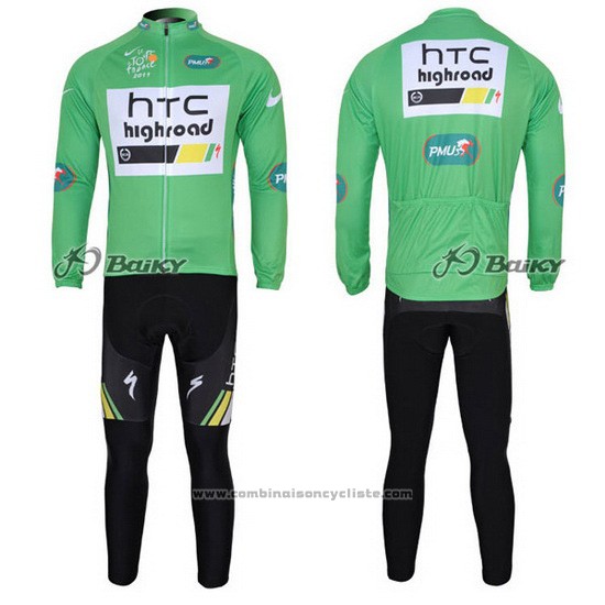 2011 Maillot Cyclisme HTC Highroad Vert et Blanc Manches Longues et Cuissard