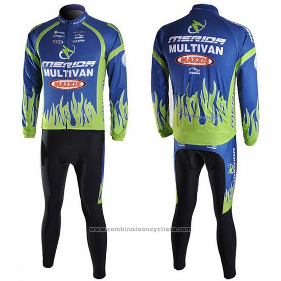 2010 Maillot Cyclisme Merida Bleu et Vert Manches Longues et Cuissard