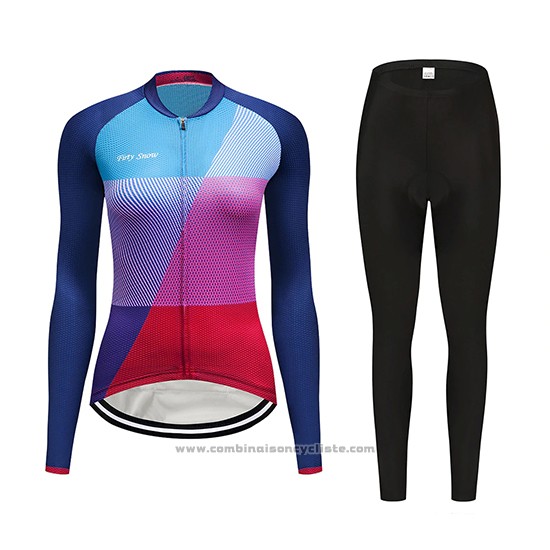 2019 Maillot Cyclisme Femme Dirty Snow Bleu Rouge Violet Manches Longues et Cuissard