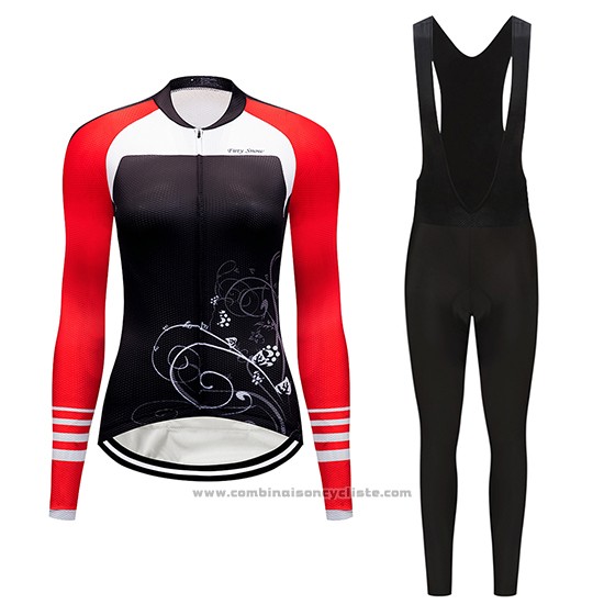 2019 Maillot Cyclisme Femme Dirty Snow Rouge Blanc Noir Manches Longues et Cuissard