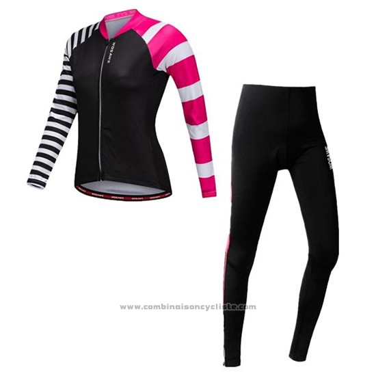 2019 Maillot Cyclisme Femme Wosawe Noir Blanc Rose Manches Longues et Cuissard