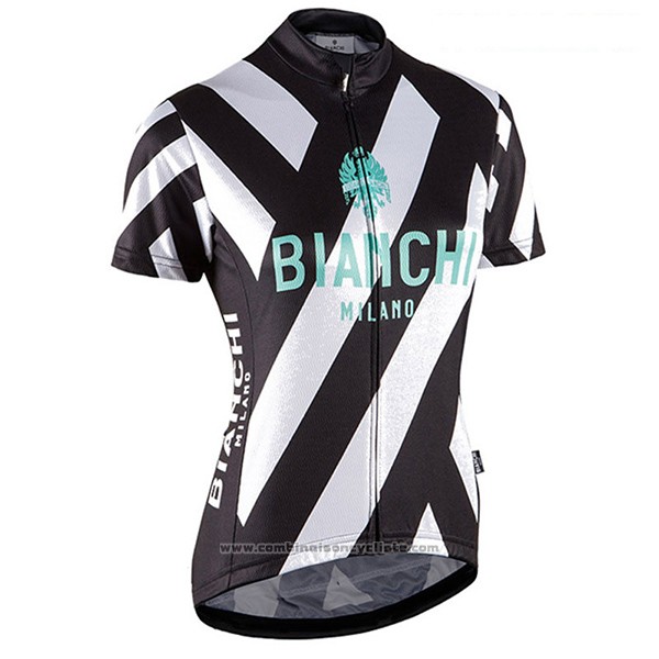 2017 Maillot Cyclisme Femme Bianchi Noir et Blanc Manches Courtes et Cuissard