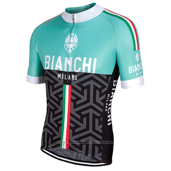 2017 Maillot Cyclisme Femme Bianchi Noir et Vert Manches Courtes et Cuissard