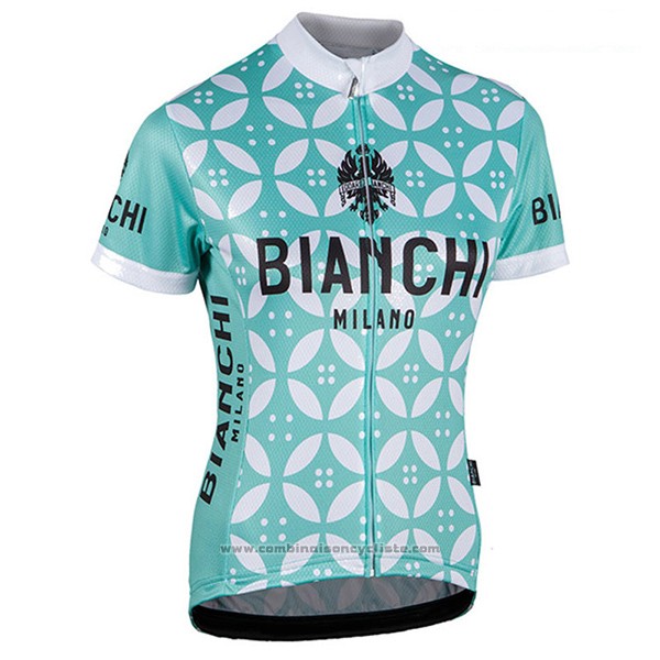 2017 Maillot Cyclisme Femme Bianchi Vert et Blanc Manches Courtes et Cuissard
