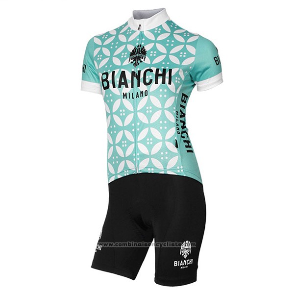 2017 Maillot Cyclisme Femme Bianchi Vert et Blanc Manches Courtes et Cuissard