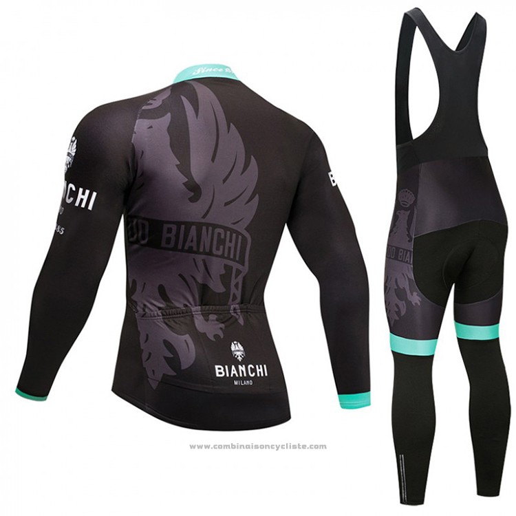 2018 Maillot Cyclisme Bianchi Noir et Bleu Manches Longues et Cuissard
