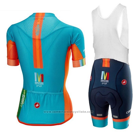 2018 Maillot Cyclisme Femme Castelli Maratona Dles Dolomites-enel Bleu Orange Manches Courtes et Cuissard
