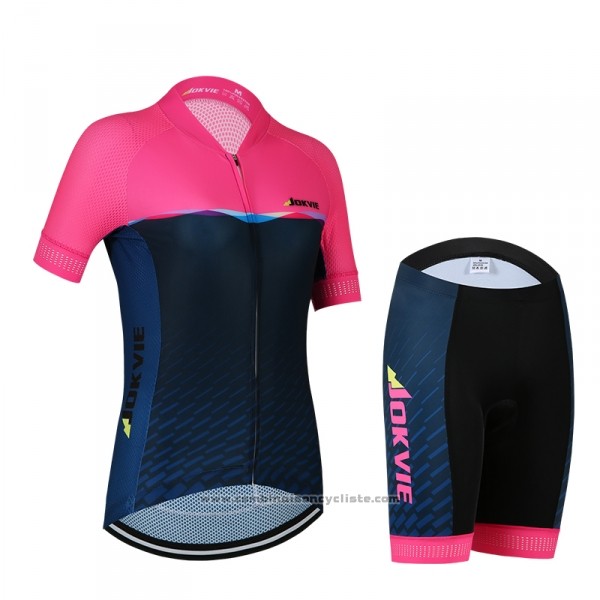 2018 Maillot Cyclisme Femme Jokvie Rose Fonce Bleu Manches Courtes Cuissard