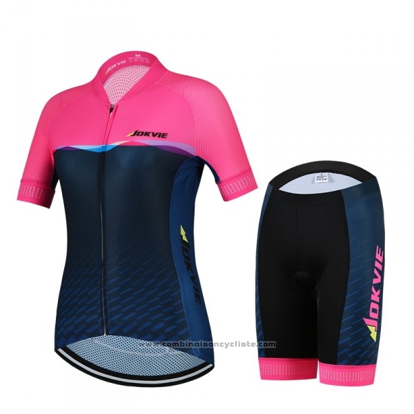 2018 Maillot Cyclisme Femme Jokvie Rose Fonce Bleu Manches Courtes Cuissard