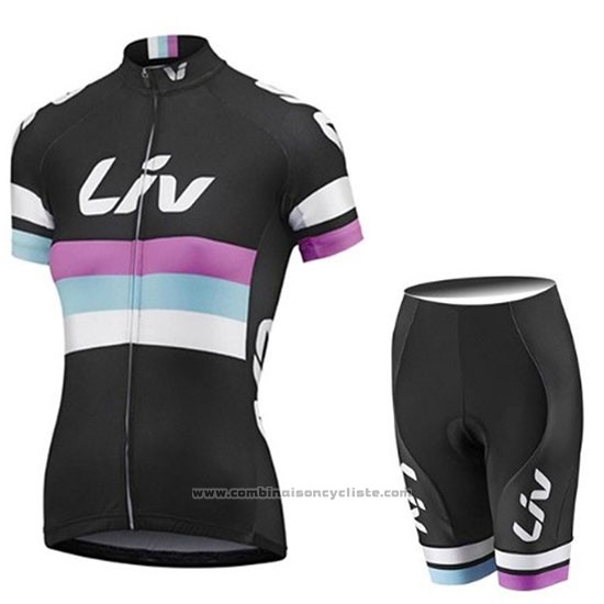 2019 Maillot Cyclisme Femme Liv Noir Blanc Violet Manches Courtes et Cuissard