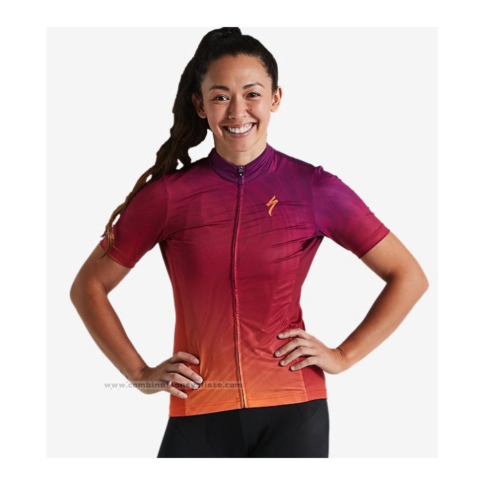 2021 Maillot Cyclisme Femme Specialized Rouge Orange Manches Courtes et Cuissard