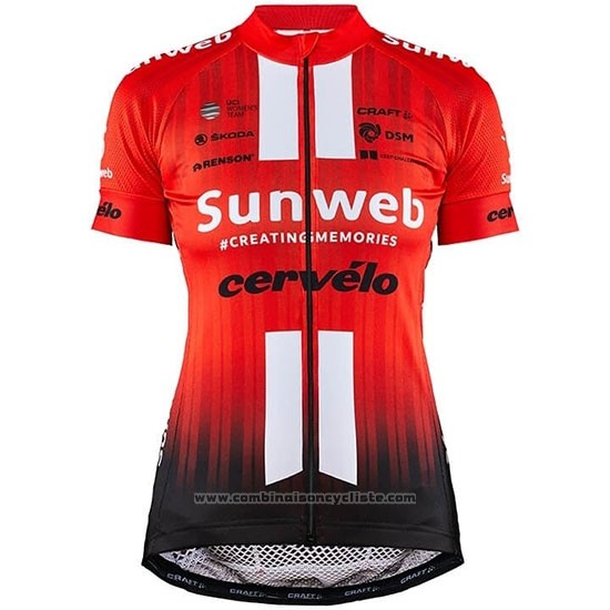 2019 Maillot Cyclisme Femme Sunweb Orange Blanc Manches Courtes et Cuissard