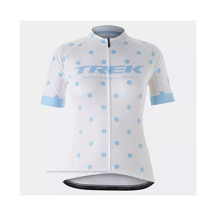 2021 Maillot Cyclisme Femme Trek Blanc Bleu Clair Manches Courtes et Cuissard