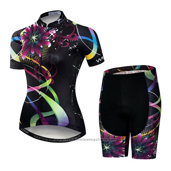 2019 Maillot Cyclisme Femme Weimostar Noir Rose Vert Manches Courtes et Cuissard