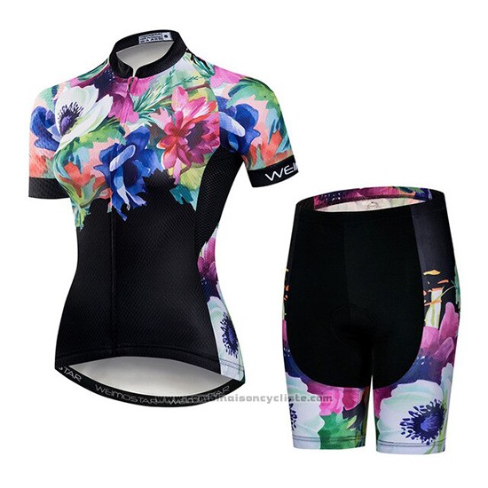 2019 Maillot Cyclisme Femme Weimostar Noir Vert Rose Manches Courtes et Cuissard