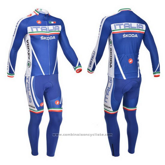 2013 Maillot Cyclisme Castelli Blanc et Bleu Manches Longues et Cuissard