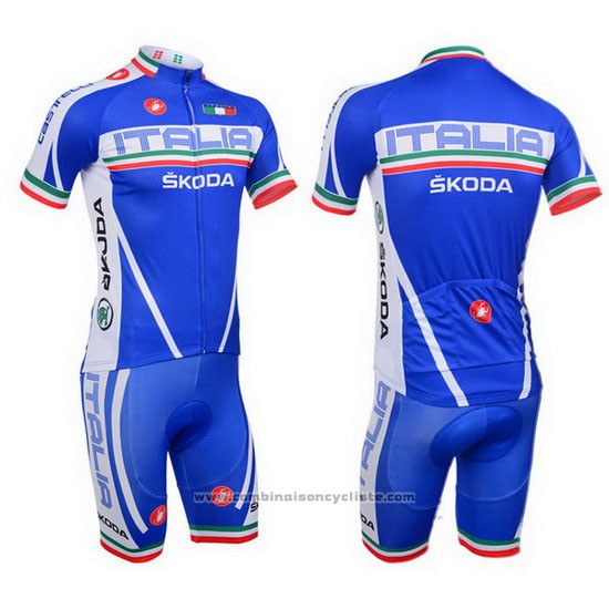 2013 Maillot Cyclisme Castelli Italie Blanc et Bleu Manches Courtes et Cuissard