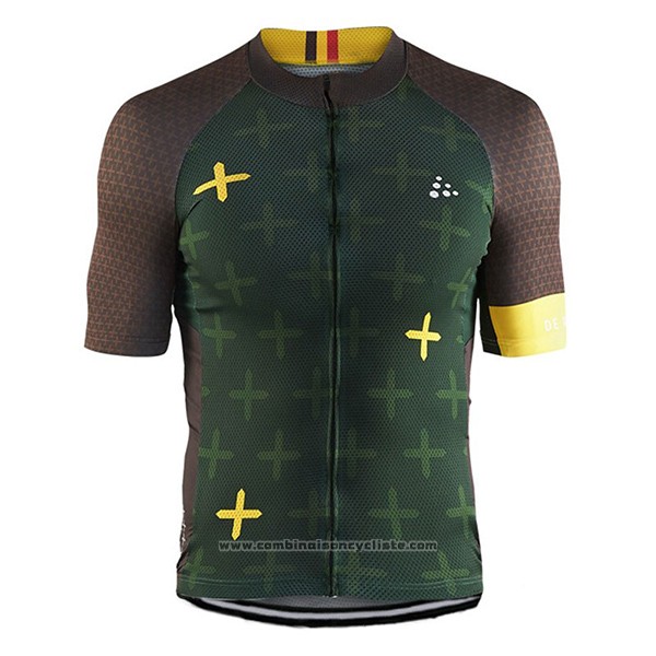 2017 Maillot Cyclisme Craft Monuments Marron et Vert Manches Courtes et Cuissard
