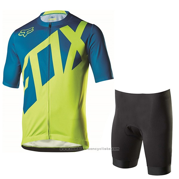 2017 Maillot Cyclisme Fox Livewire Bleu et Vert Manches Courtes et Cuissard