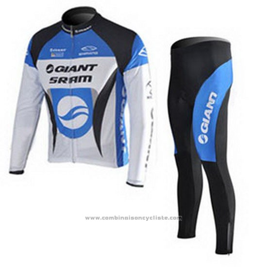 2010 Maillot Cyclisme Giant Blanc et Azur Manches Longues et Cuissard