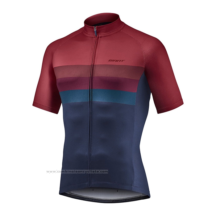2021 Maillot Cyclisme Giant Fonce Rouge Bleu Manches Courtes et Cuissard