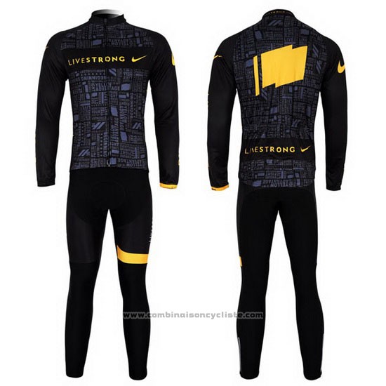 2012 Maillot Cyclisme Livestrong Noir et Jaune Manches Longues et Cuissard