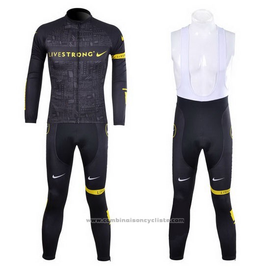 2012 Maillot Cyclisme Livestrong Noir et Jaune Manches Longues et Cuissard