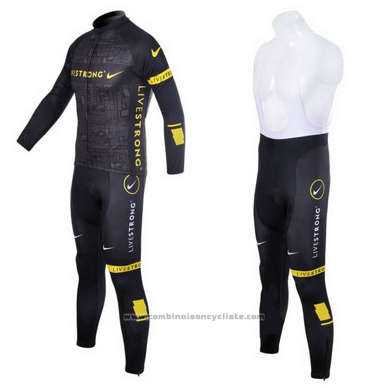 2012 Maillot Cyclisme Livestrong Noir et Jaune Manches Longues et Cuissard
