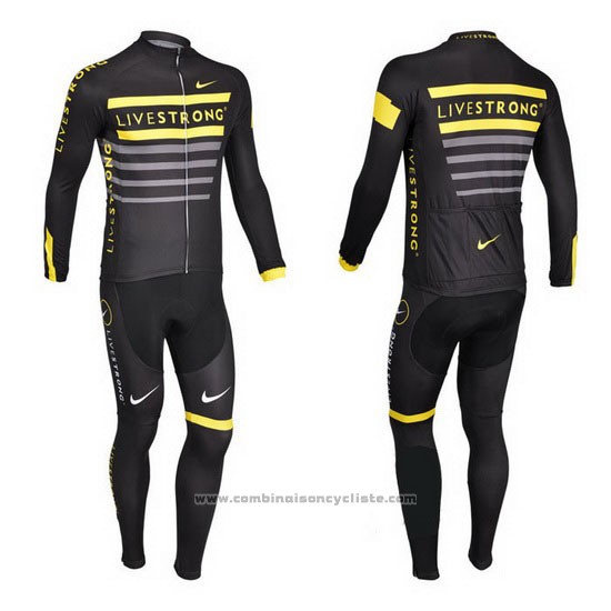 2013 Maillot Cyclisme Livestrong Noir et Jaune Manches Longues et Cuissard