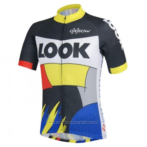 2018 Maillot Cyclisme Look Noir Jaune Bleu Manches Courtes Cuissard