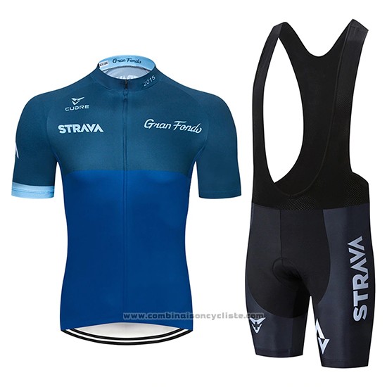 2019 Maillot Cyclisme STRAVA Fonce Bleu Manches Courtes et Cuissard