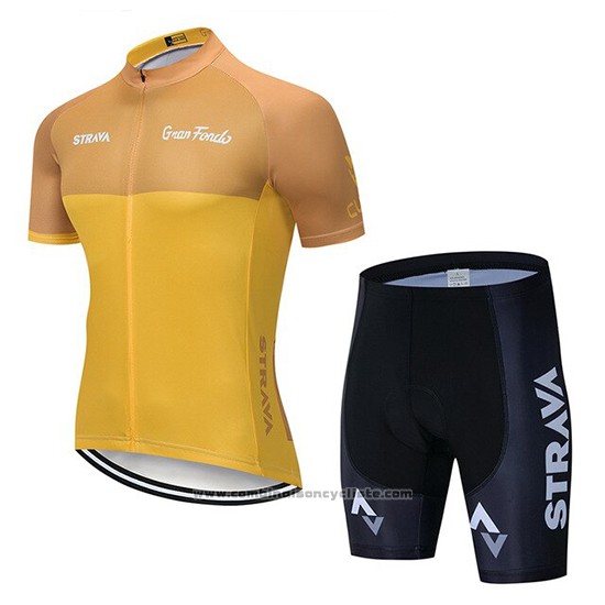 2019 Maillot Cyclisme STRAVA Jaune Manches Courtes et Cuissard