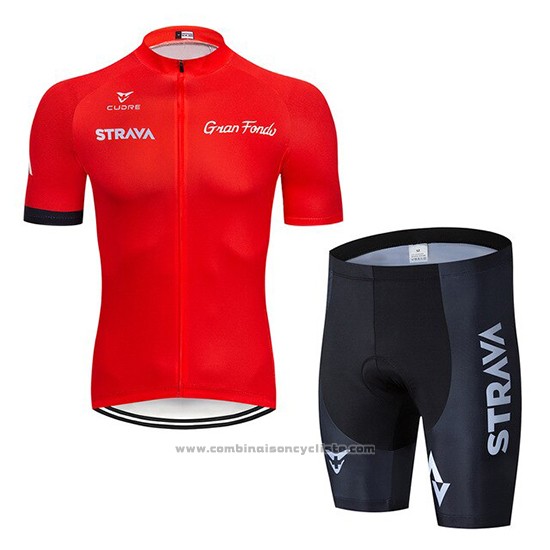 2019 Maillot Cyclisme STRAVA Rouge Manches Courtes et Cuissard