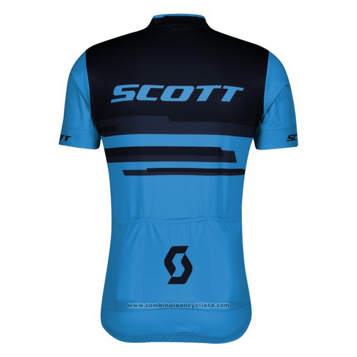 2021 Maillot Cyclisme Scott Bleu Noir Manches Courtes et Cuissard
