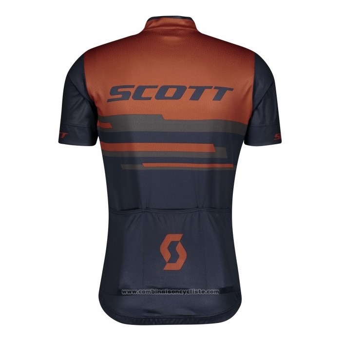 2021 Maillot Cyclisme Scott Fonce Bleu Orange Manches Courtes et Cuissard