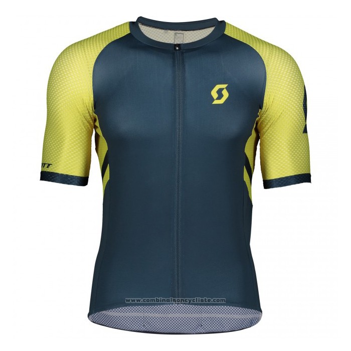 2021 Maillot Cyclisme Scott Jaune Fonce Bleu Manches Courtes et Cuissard