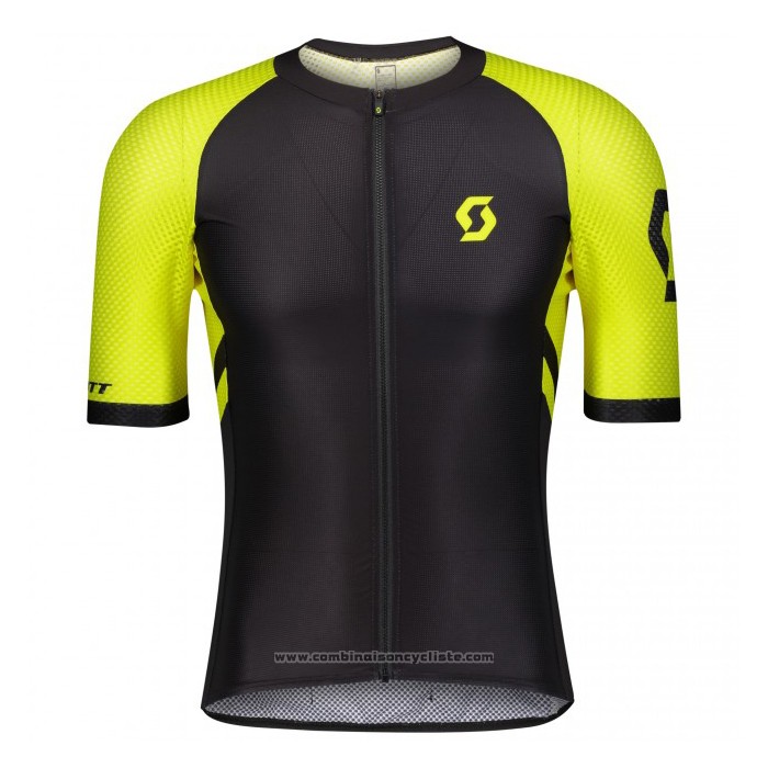 2021 Maillot Cyclisme Scott Noir Jaune Manches Courtes et Cuissard