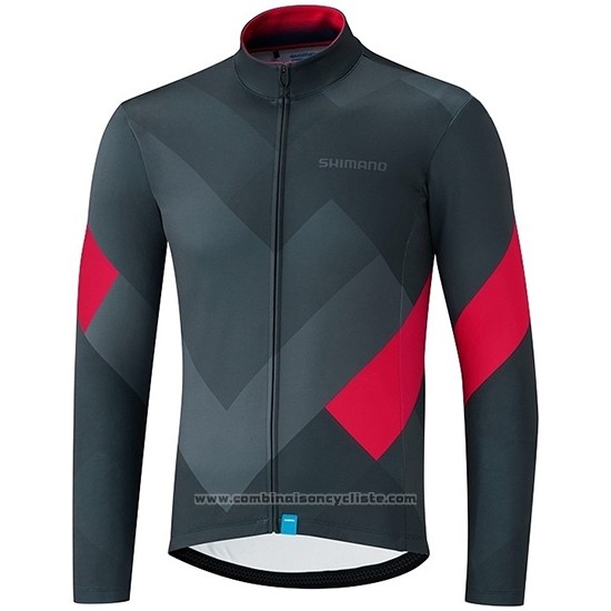 2019 Maillot Cyclisme Shimano Gris Rouge Manches Longues et Cuissard