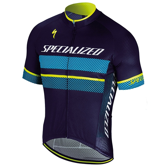2018 Maillot Cyclisme Specialized Bleu Jaune Blanc Manches Courtes et Cuissard