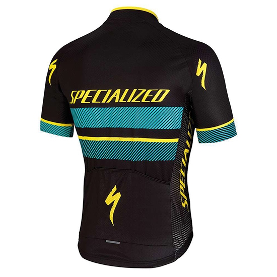 2018 Maillot Cyclisme Specialized Noir Bleu Jaune Manches Courtes et Cuissard