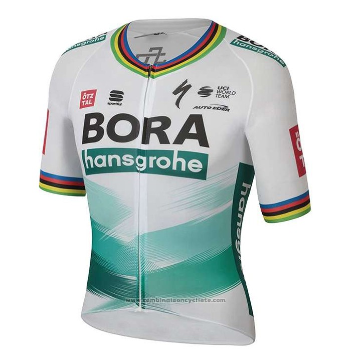 2020 Maillot Cyclisme UCI Mondo Champion Bora Blanc Vert Manches Courtes et Cuissard