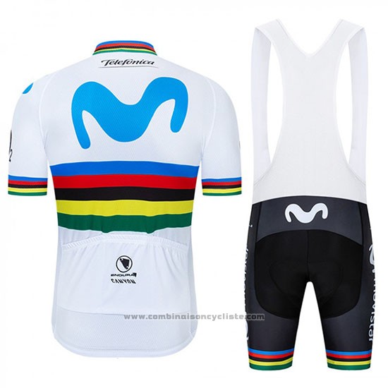 2019 Maillot Cyclisme UCI Monde Champion Movistar Blanc Bleu Manches Courtes et Cuissard