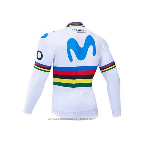 2020 Maillot Cyclisme UCI Mondo Champion Movistar Blanc Bleu Manches Longues et Cuissard
