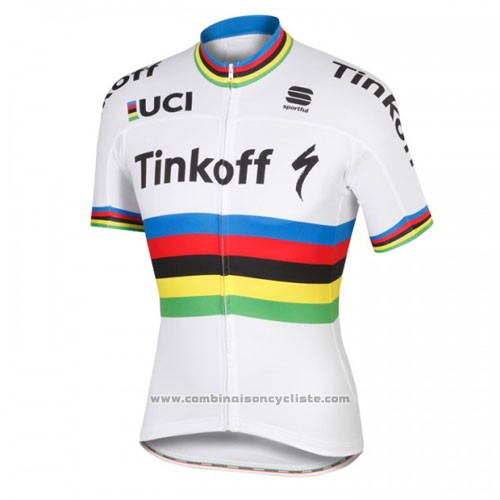 2016 Maillot Cyclisme UCI Monde Champion Tinkoff Blanc Manches Courtes et Cuissard