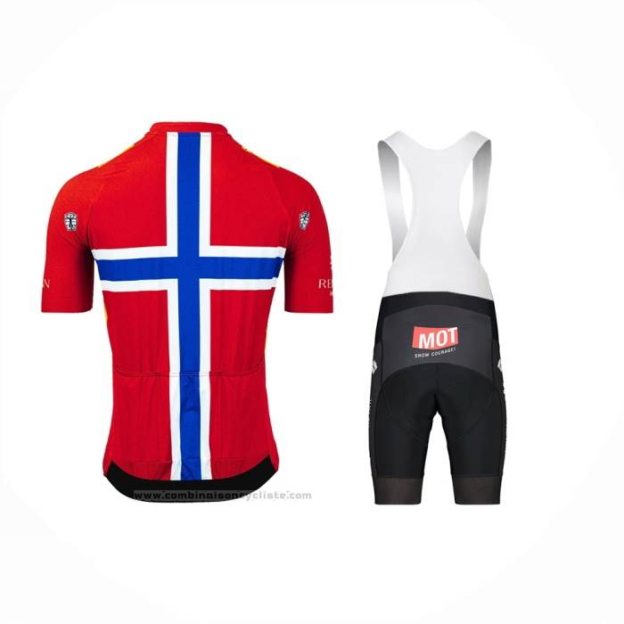 2023 Maillot Cyclisme UNO-X Norvege Champion Rouge Bleu Manches Courtes et Cuissard