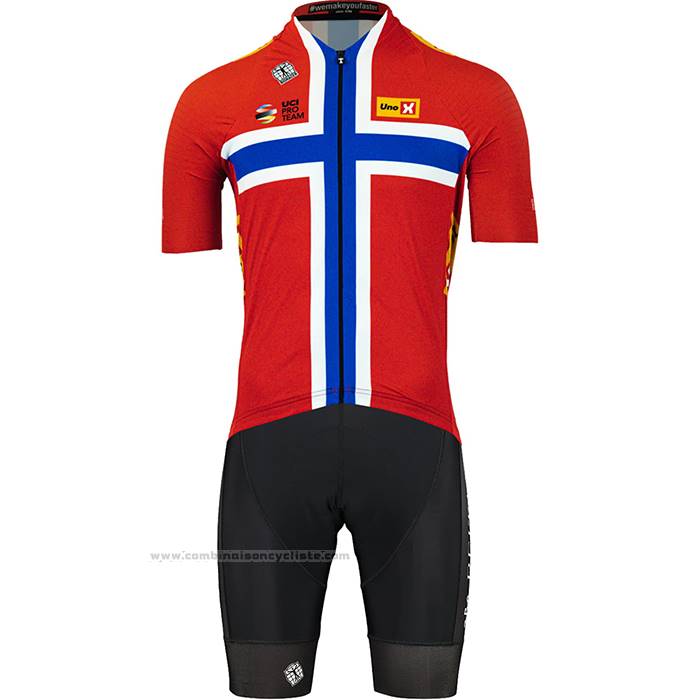 2023 Maillot Cyclisme UNO-X Norvege Champion Rouge Bleu Manches Courtes et Cuissard